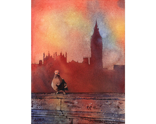 Big Ben & Houses of Parliament w/ pigeon- London, England.  Watercolor Big Ben fine art print London pigeon wall art watercolor (print)