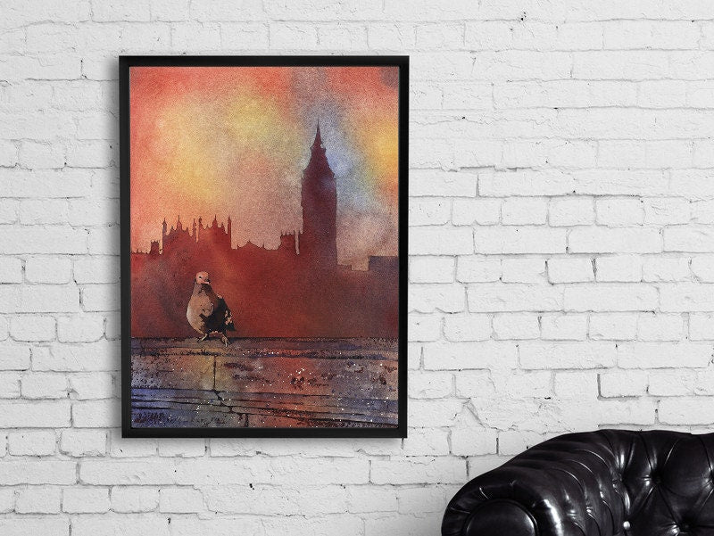 Big Ben & Houses of Parliament w/ pigeon- London, England.  Watercolor Big Ben fine art print London pigeon wall art watercolor (print)