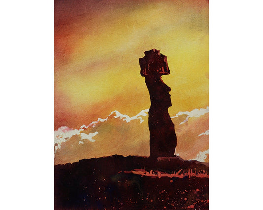 Easter Island sunrise landscape watercolor with Moai forms emerging from the light—ideal for art collectors and culturally inspired spaces.