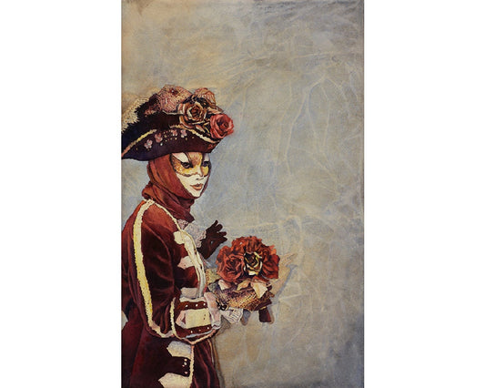 Colorful watercolor painting of a masked figure in elaborate costume at Venice Carnival, Italy.