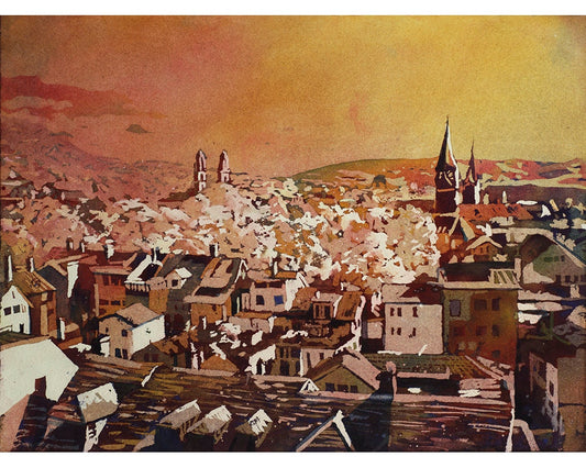 Zurich, Suiza pintura de acuarela de bellas artes. Vista aérea del centro de Zurich al atardecer, pintura de acuarela amarilla, bellas artes (impresión)
