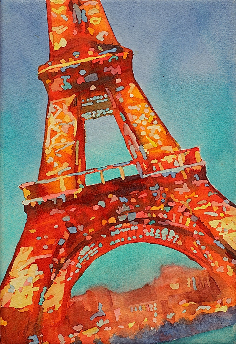 Eiffel Tower at sunset in Paris, France- watercolor painting.  Eiffel Tower art, painting Eiffel Tower watercolor, home decor Paris (print)