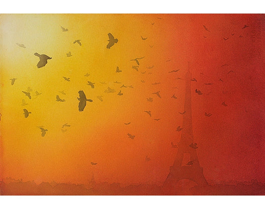 Eiffel Tower sunset- Paris, France.  Eiffel Tower Paris skyline watercolor painting birds orange sunset artwork Eiffel Tower decor painting (print)