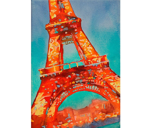 Fine art watercolor painting of portion of the Eiffel Tower at sunset- Paris, France
