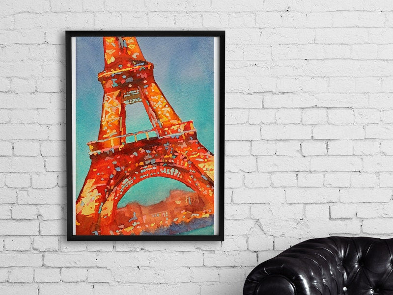 Fine art watercolor painting of portion of the Eiffel Tower at sunset- Paris, France
