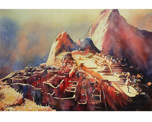 Hand-painted watercolor art print of Machu Picchu’s ancient cityscape framed by rugged Andean peaks—ideal Peru artwork for global decor lovers.