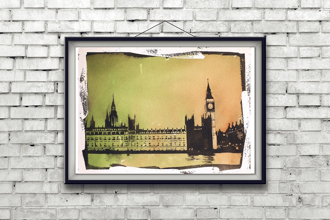 Big Ben at sunrise- London, United Kingdom, Fine art watercolor landscape painting London wall art watercolour art Big Ben England (print)