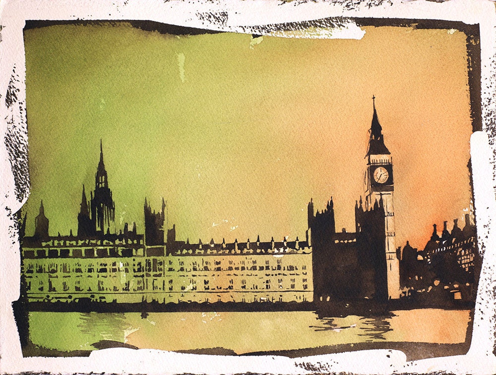 Big Ben at sunrise- London, United Kingdom, Fine art watercolor landscape painting London wall art watercolour art Big Ben England (print)