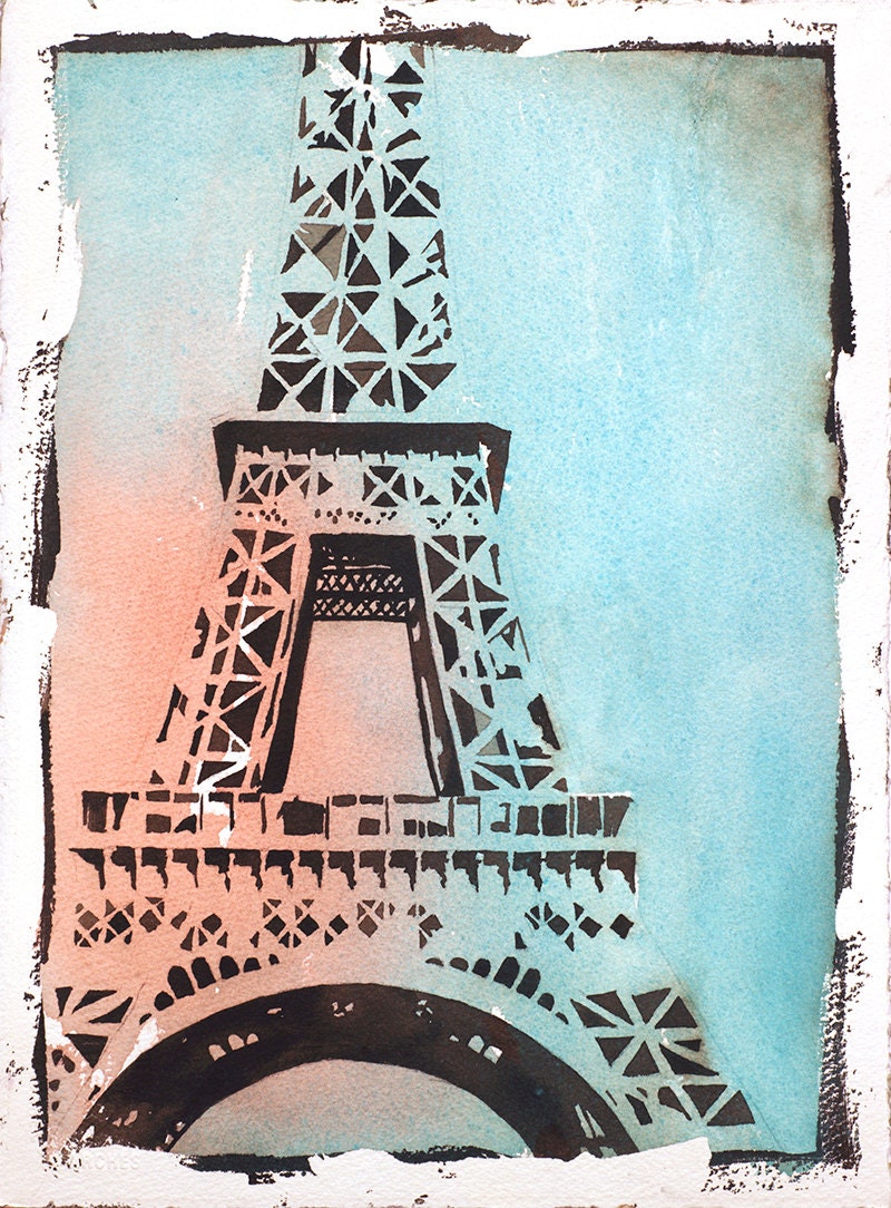 Eiffel Tower in Paris, France fine art watercolor painting.  Giclee prints of Eiffel Tower at sunset in Paris, France.  Home decor Paris (print)