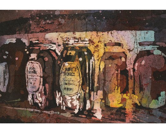 Batik painting of honey jars in market.  Watercolor fine art print, giclee print jars, colorful artwork, art for house giclee kitchen decor (print)