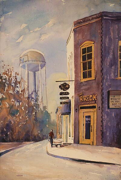 Watercolor painting of person walking dog by bar with watertower in background- Fuquay-Varina, North Carolina, watercolor city art giclee