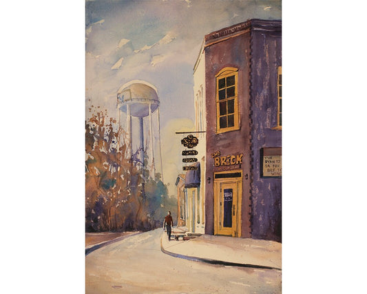 Watercolor painting of person walking dog by bar with watertower in background- Fuquay-Varina, North Carolina, watercolor city art giclee