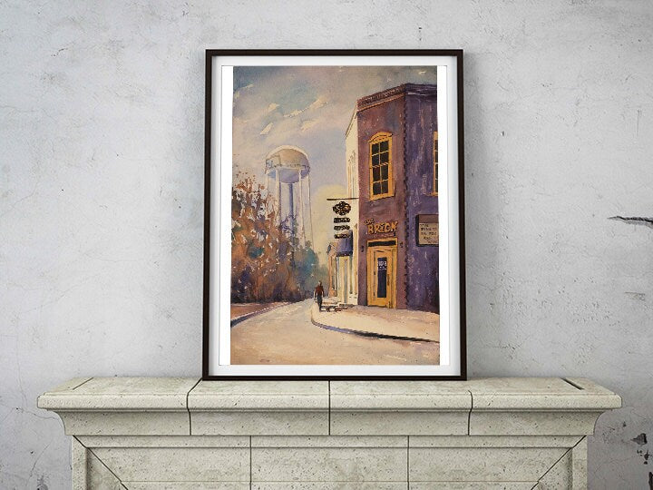 Watercolor painting of person walking dog by bar with watertower in background- Fuquay-Varina, North Carolina, watercolor city art giclee