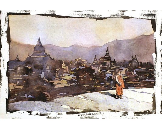 Buddhist monk w/ ruined temple of Bagan in distance-Myanmar (Burma).  Buddhist art.  Pagan ruined temples watercolor (print)