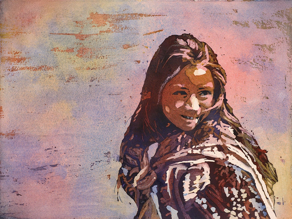Painting of traditionally dressed girl at village in Lake Atitlan- Guatemala.  Watercolor Lago Atitlan painting.  Guatemala watercolor (print)