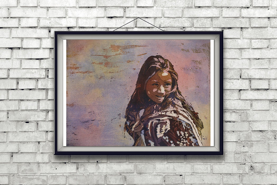 Painting of traditionally dressed girl at village in Lake Atitlan- Guatemala.  Watercolor Lago Atitlan painting.  Guatemala watercolor (print)
